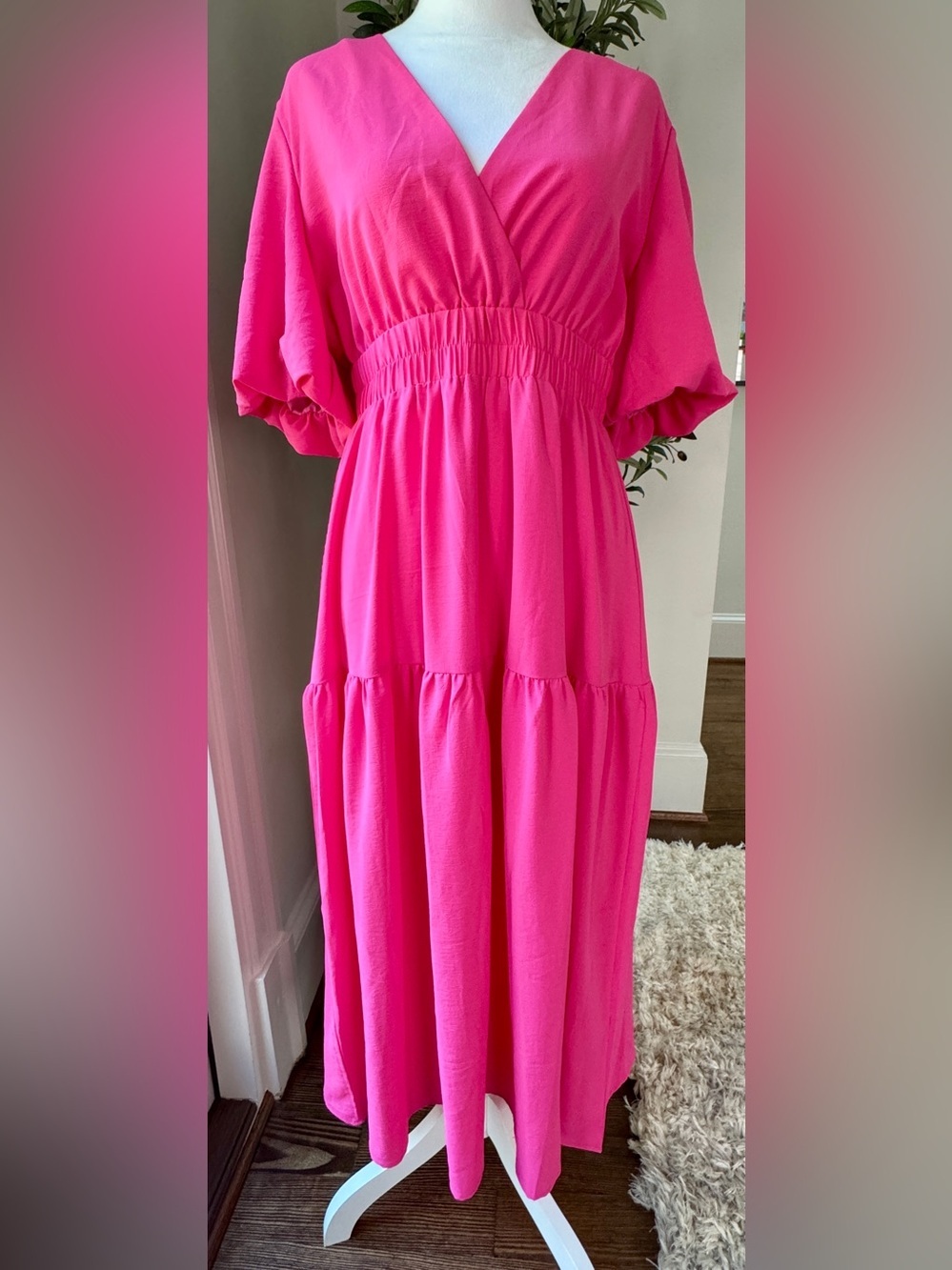 Bright Pink Tiered Maxi Dress with Elastic Waistband